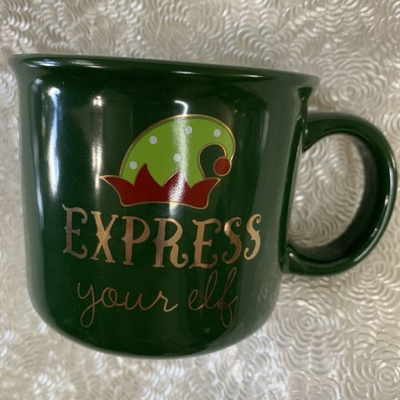 Express Your Elf Mug Green Ceramic Coffee Tea Cocoa Large 2 Pc Set Santa Helper - Picture 9 of 13